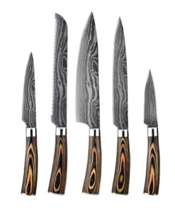 YW-A297 --5 PCS Kitchen Chef Knife Set With Damascus Pattern Laser On The Blade Pakka Wood Handle
